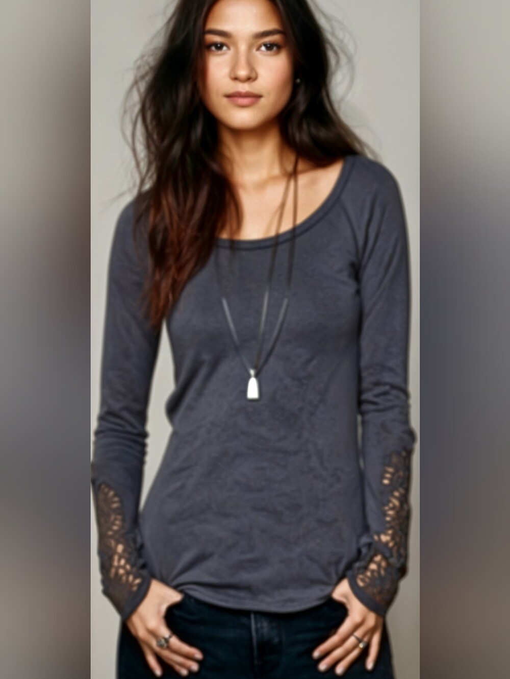 Free People We The Free Synergy Charcoal Gray Thermal Top- Crochet Lace Cuffs - Picture 3 of 8